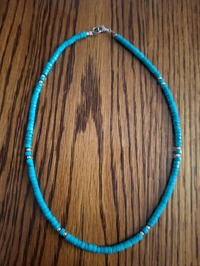 Necklace Heishi Turquoise Natural Stones Size 17"  Handmade Sterling Silver